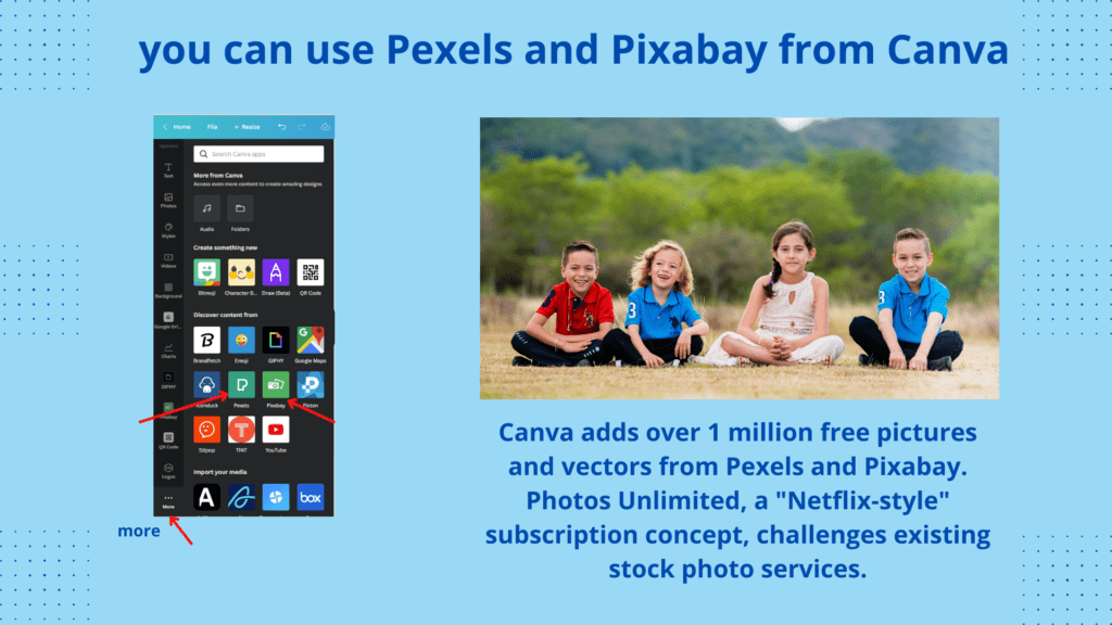  Graphic design tip from Canva,  you can use Pexels and Pixabay from Canva.