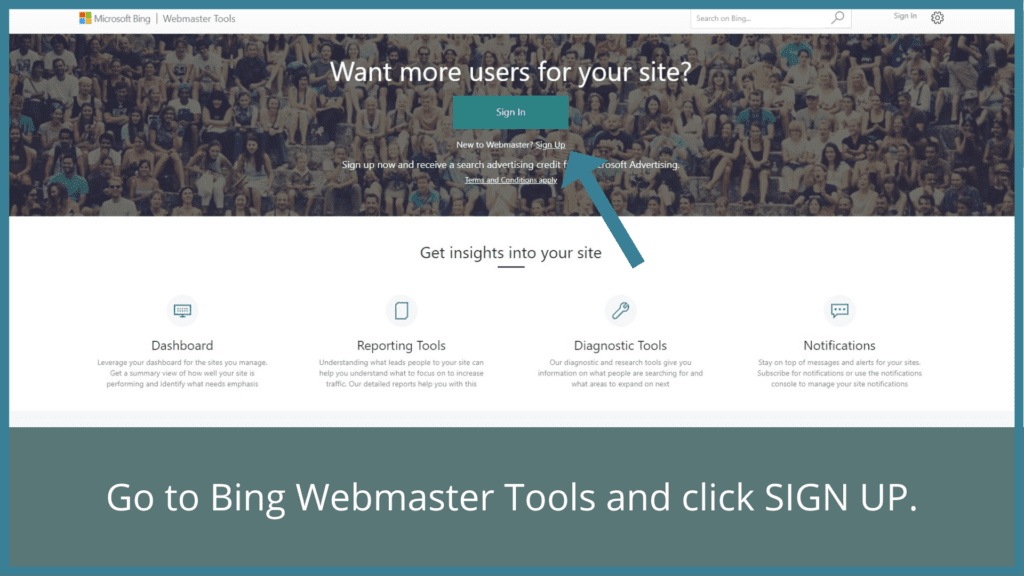 Bing Webmaster Tools sign up page