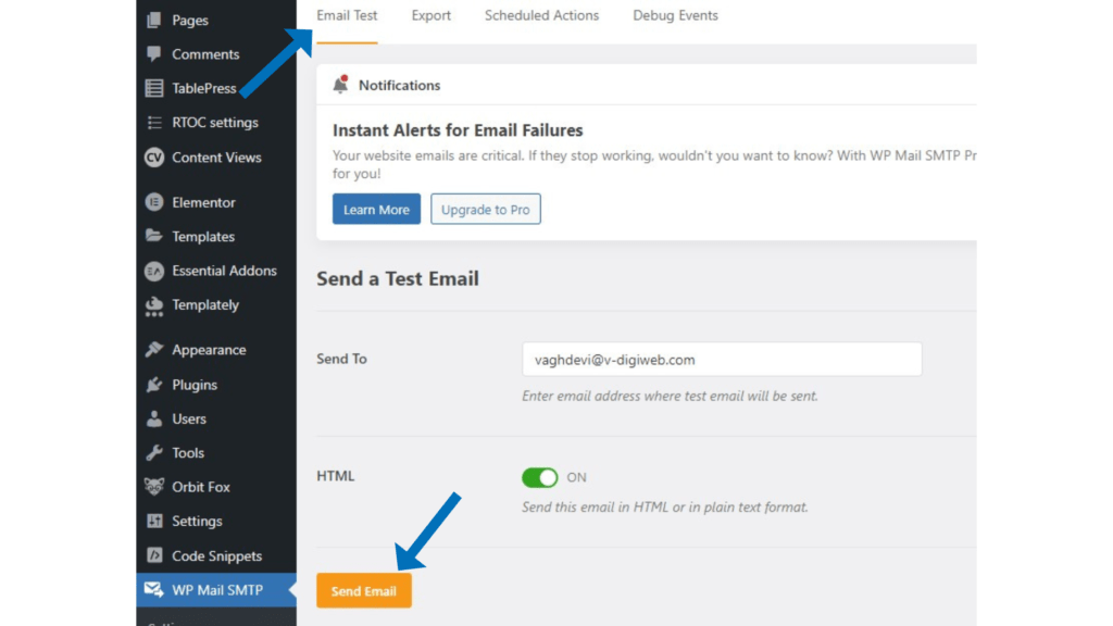 email test on wp mail smtp plugin