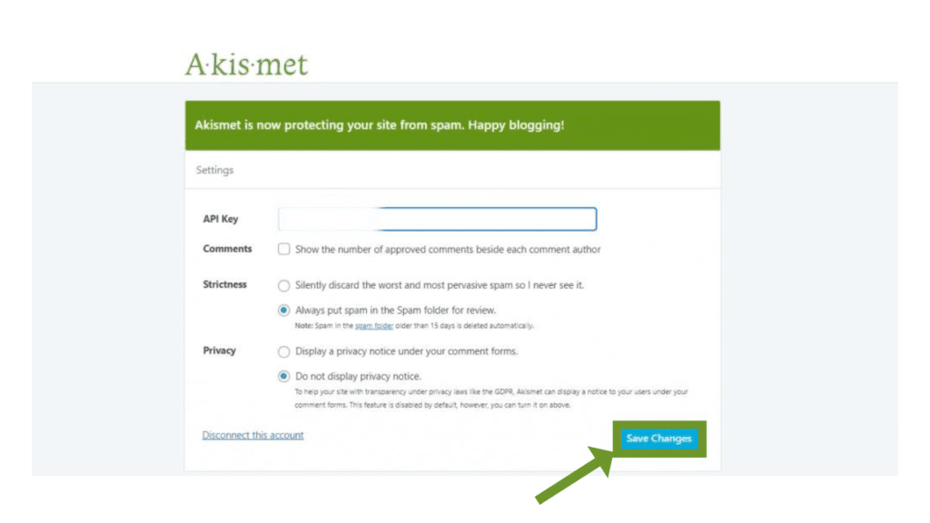 akismet plugin setup