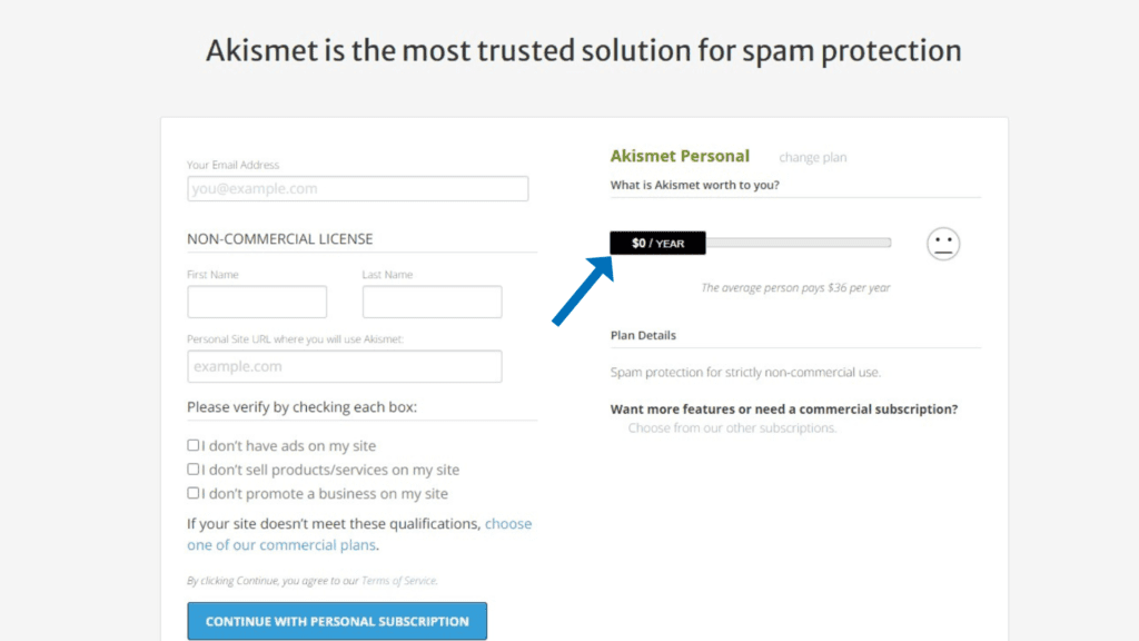 akismet personal subscription plan